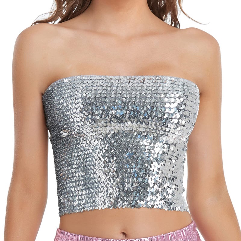 Fenyong Womens Sparkly Sequin Mermaid Crop Tops, Strapless Metallic Tube Tops for Party Clubwear(Silver) - Image 1